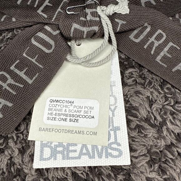 NWT Barefoot Dreams CozyChic Pom Pom Beanie & Scarf Set in Espresso/Cocoa - Picture 2 of 2
